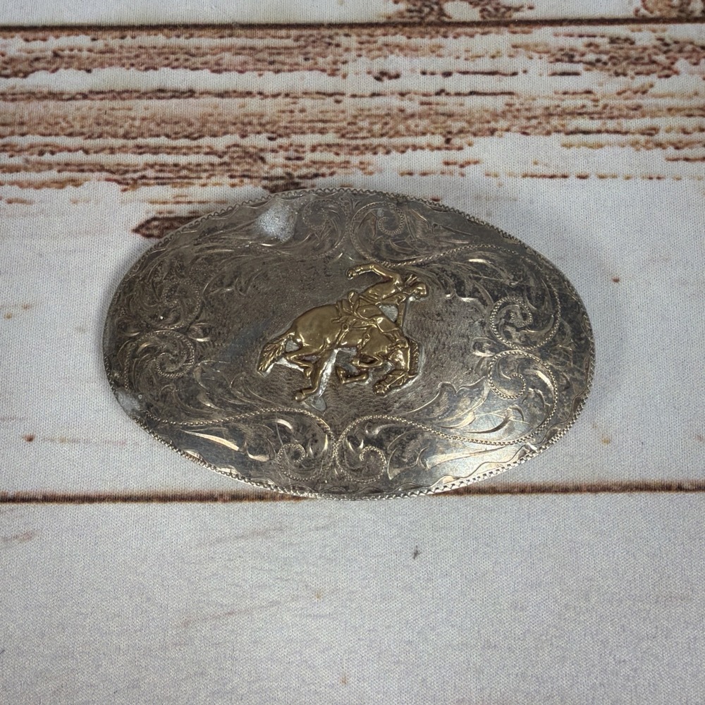 Vintage Cowboy Western Belt Buckle Large Silver Tone Floral Etched Rodeo Oval